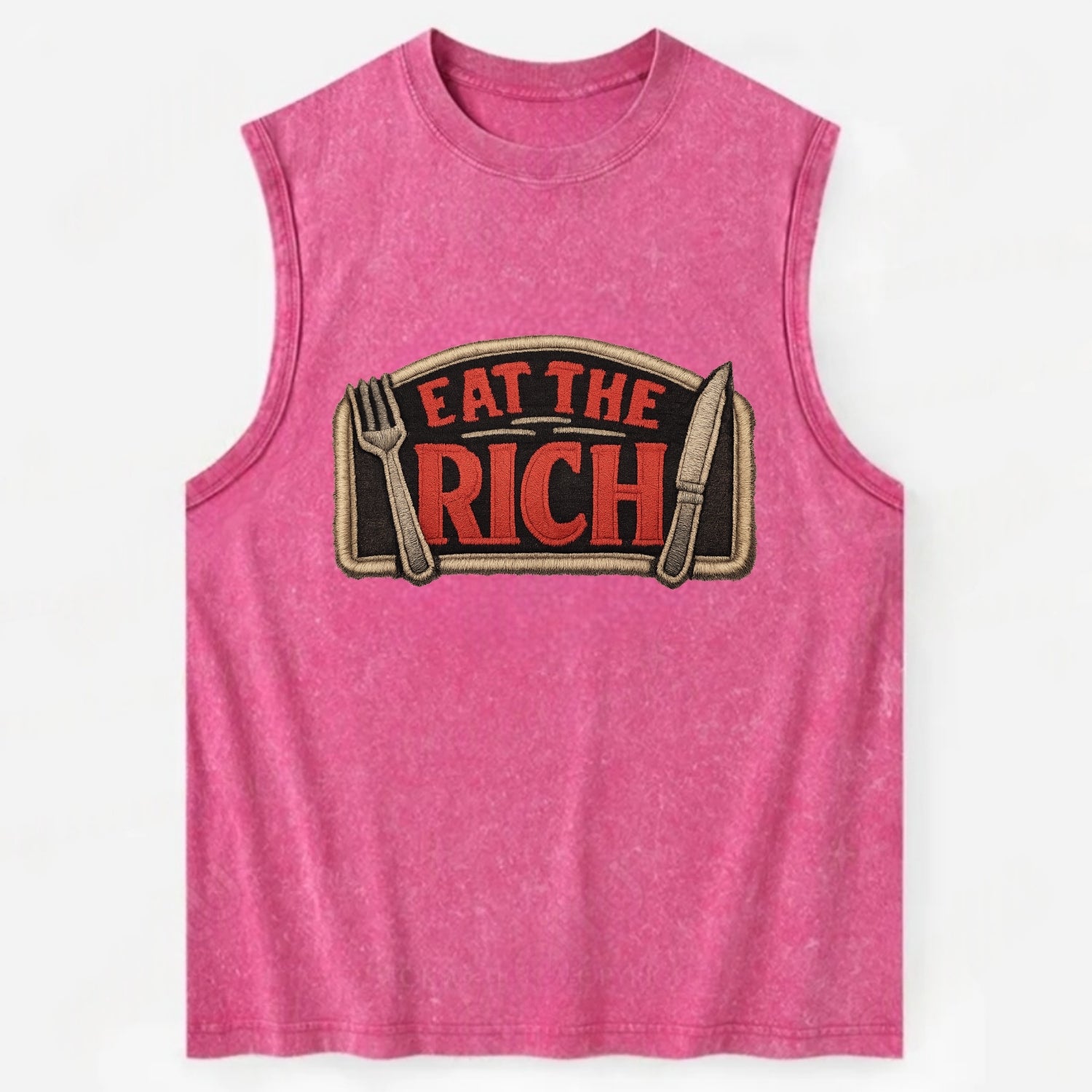 EAT THE RICH - fork and knife with text in red and silver , class war - Vintage Washed Tank - Pink