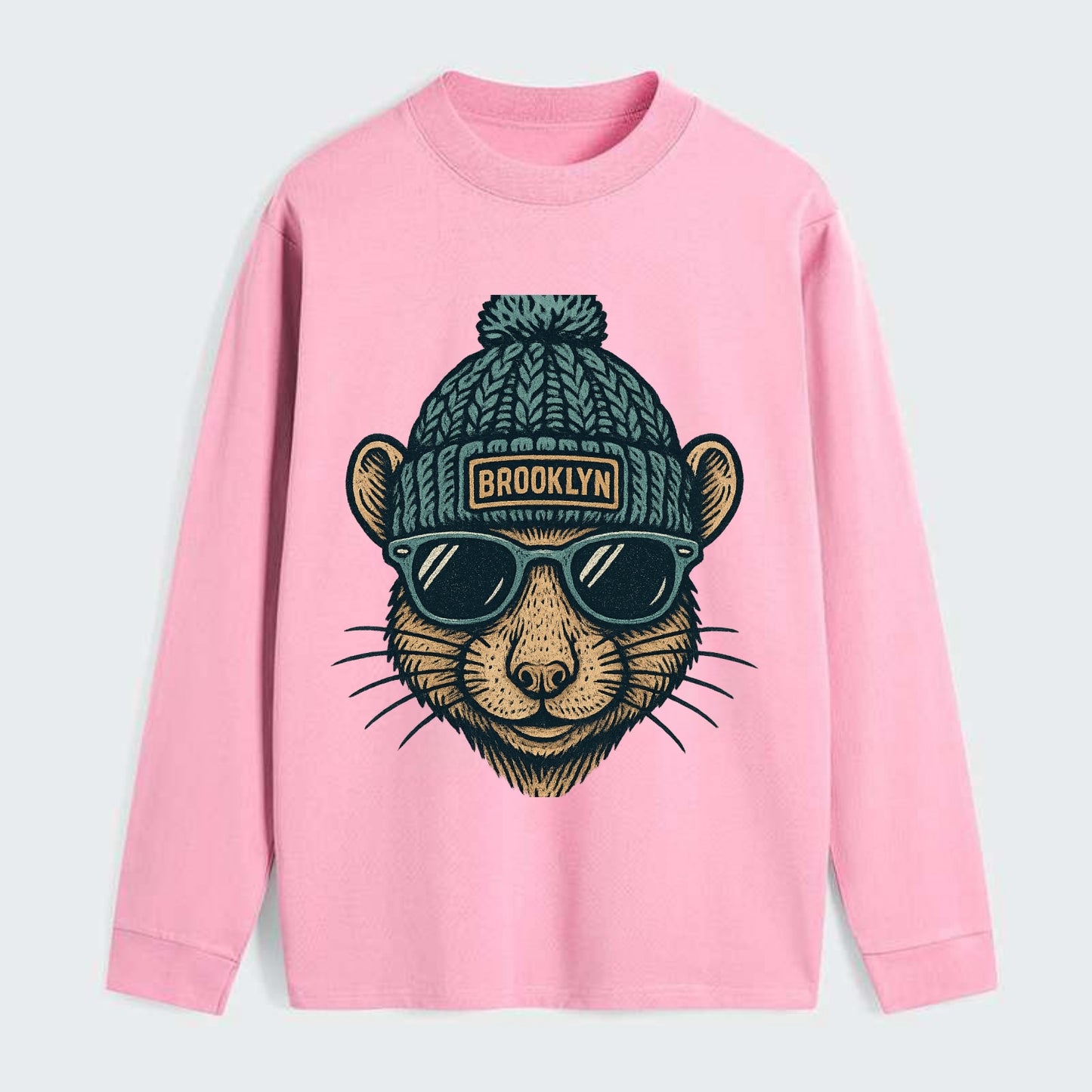 NYC Rat wearing Brooklyn beanie with pom pom and wayfarer sunglasses - Classic Long Sleeve Shirt - Pink