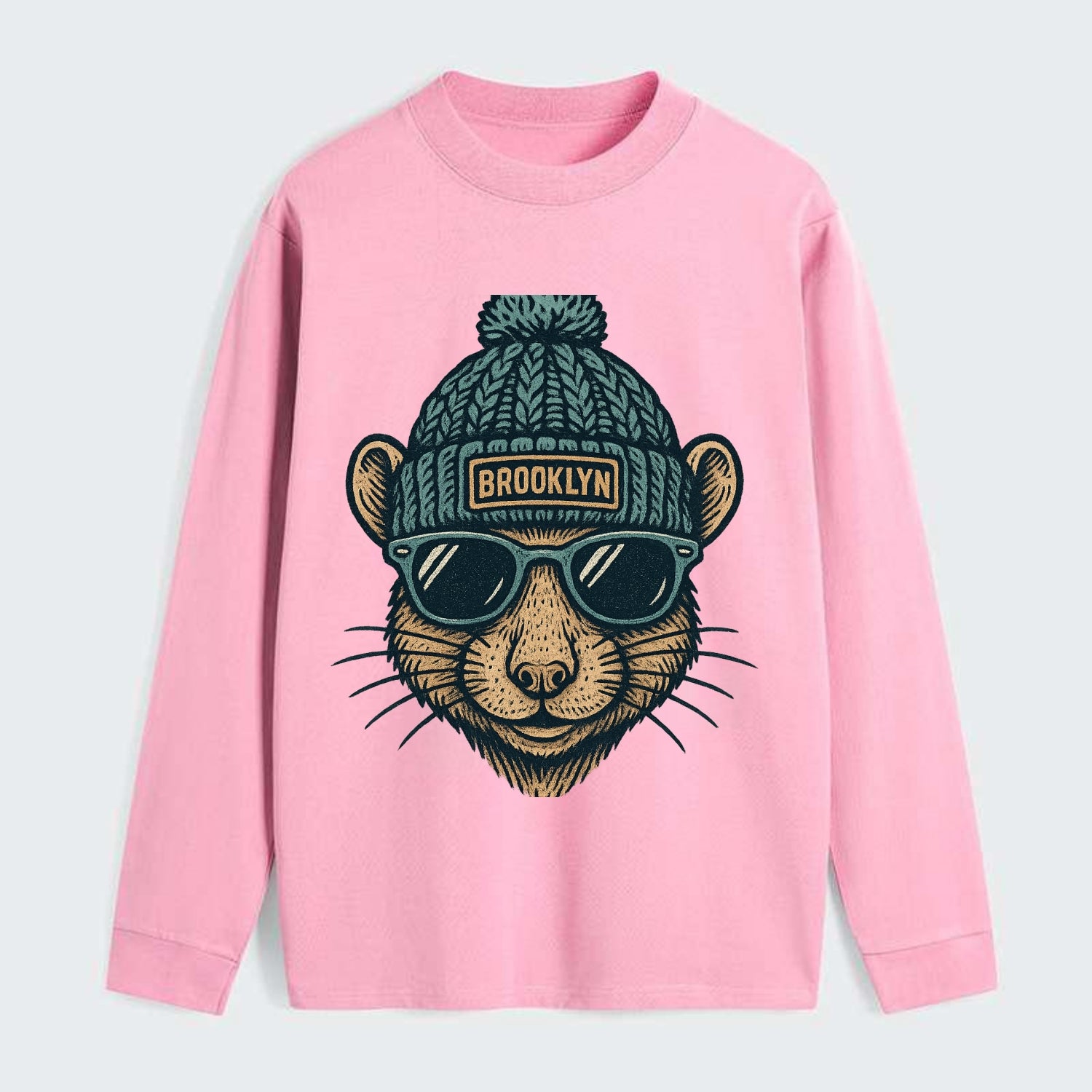 NYC Rat wearing Brooklyn beanie with pom pom and wayfarer sunglasses - Classic Long Sleeve Shirt - Pink