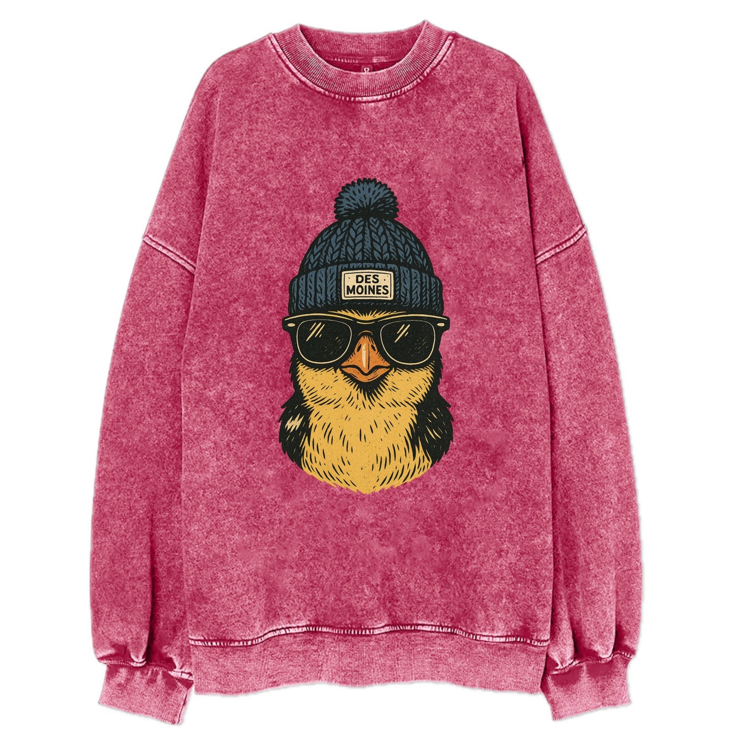 Iowa Goldfinch wearing Des Moines beanie with pom pom and wayfarer sunglasses - Vintage Sweatshirt - Pink