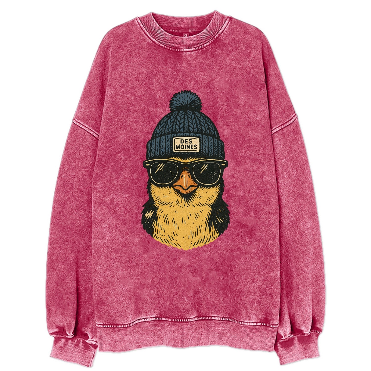 Iowa Goldfinch wearing Des Moines beanie with pom pom and wayfarer sunglasses - Vintage Sweatshirt - Pink
