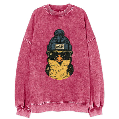 Iowa Goldfinch wearing Des Moines beanie with pom pom and wayfarer sunglasses - Vintage Sweatshirt - Pink