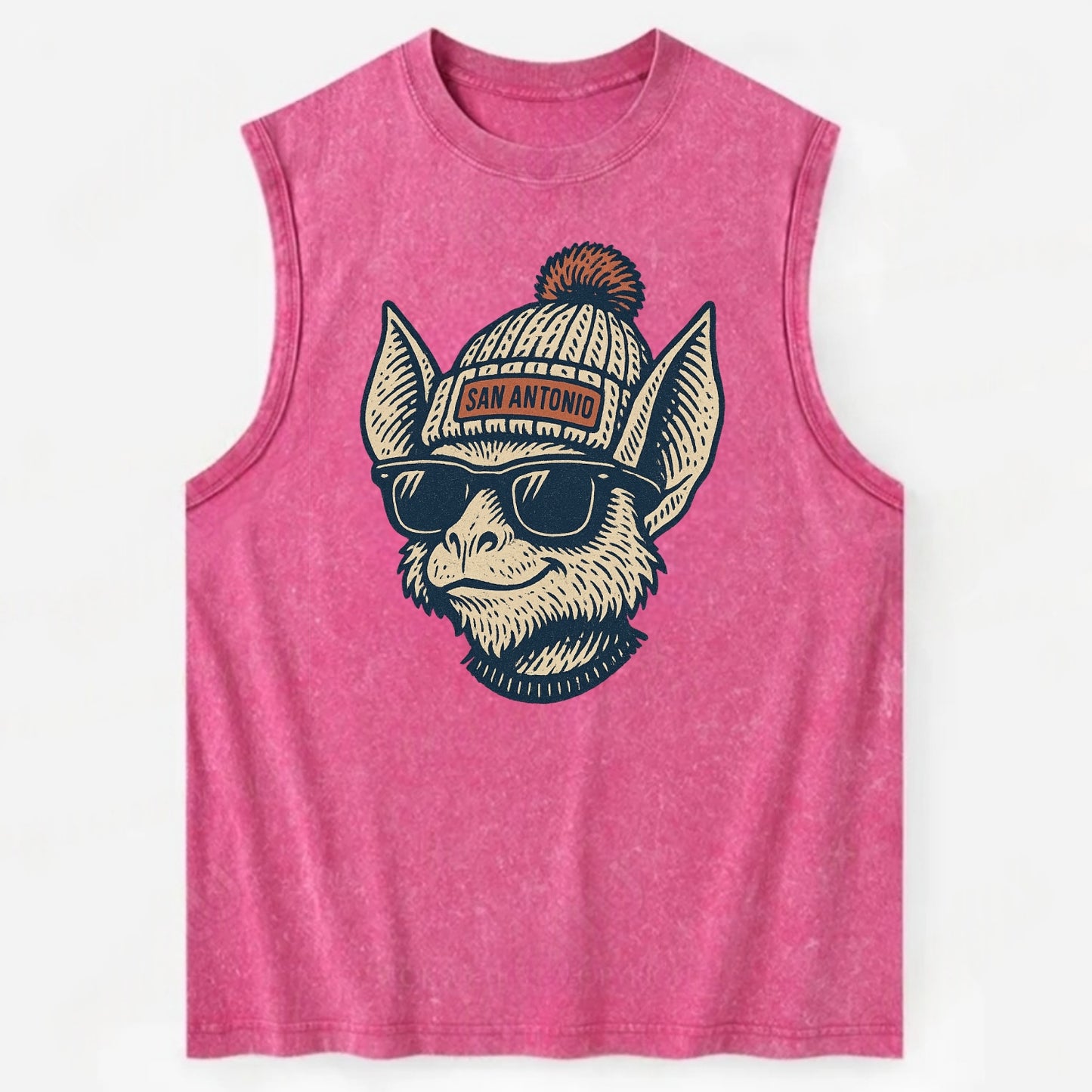 San Antonio Bat wearing San Antonio beanie with pom pom and wayfarer - Vintage Washed Tank - Pink