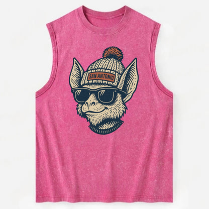 San Antonio Bat wearing San Antonio beanie with pom pom and wayfarer - Vintage Washed Tank - Pink