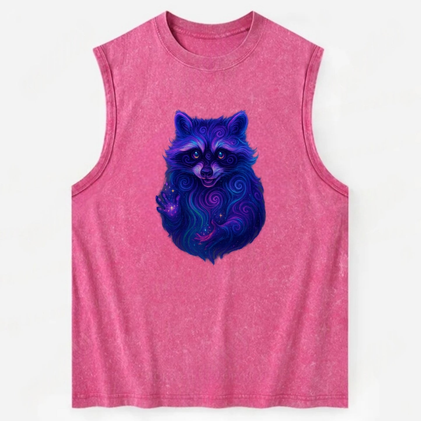 Playful raccoon with mask swirling in hypnotic patterns, neon purple and - Vintage Washed Tank - Pink