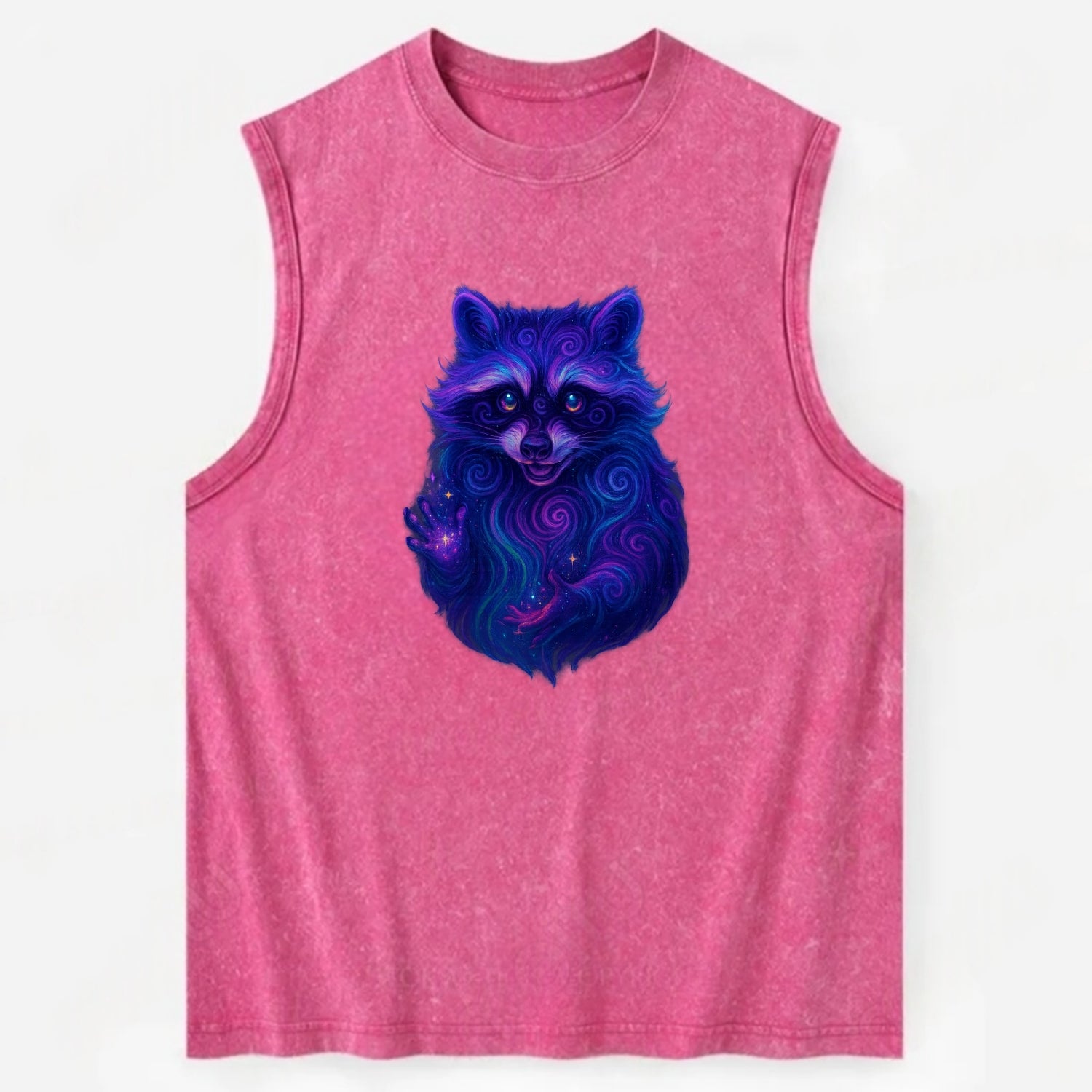 Playful raccoon with mask swirling in hypnotic patterns, neon purple and - Vintage Washed Tank - Pink