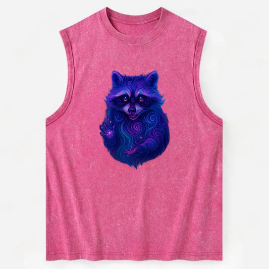 Playful raccoon with mask swirling in hypnotic patterns, neon purple and - Vintage Washed Tank - Pink