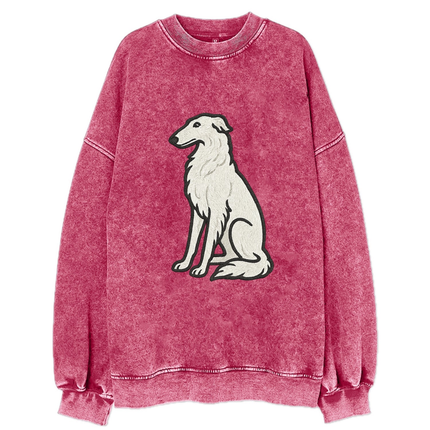 Borzoi - White embroidered sitting pose - Vintage Sweatshirt - Pink