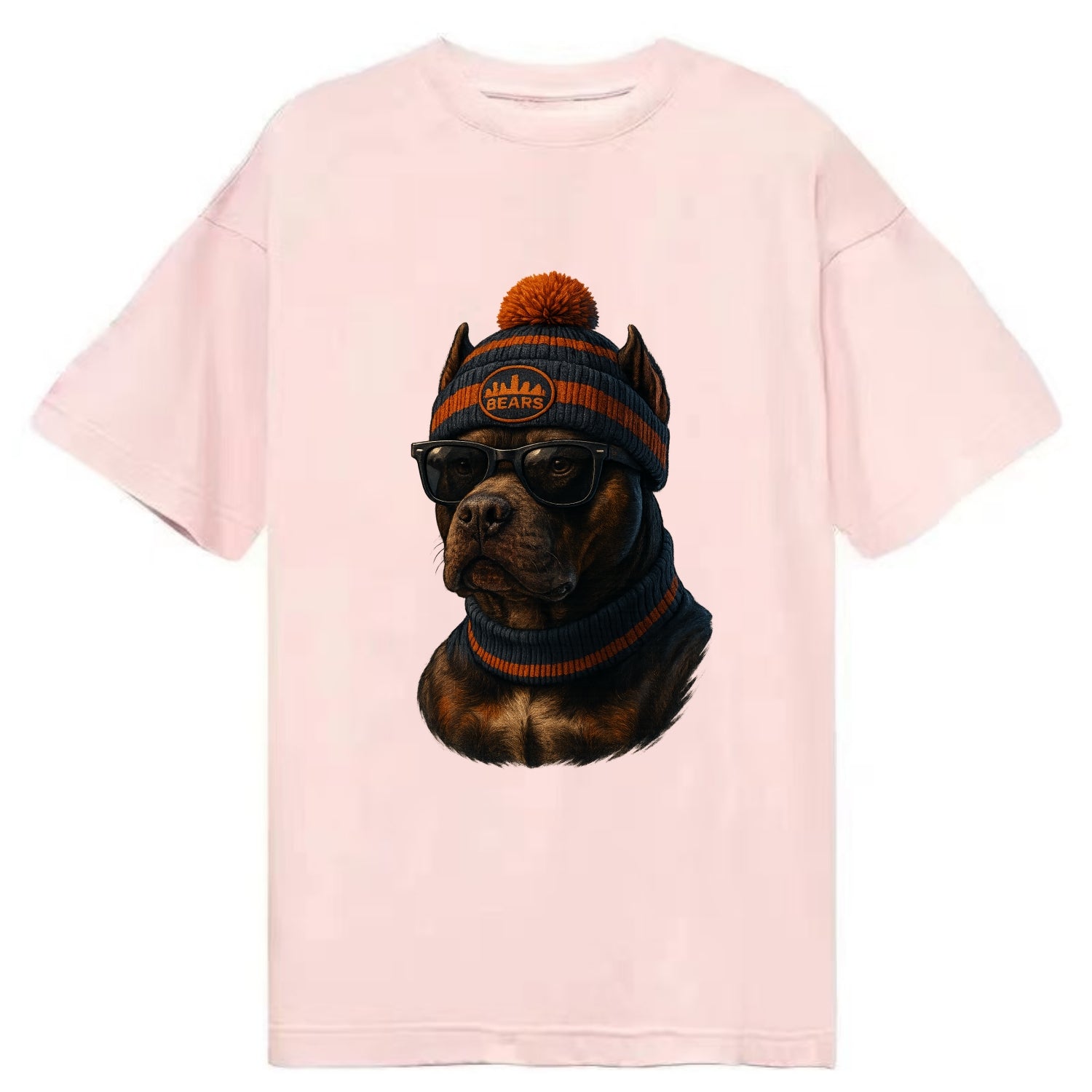 Chicago Pitbull wearing Bears beanie with skyline patch and wayfarer sunglasses - Classic T-shirt - Pink
