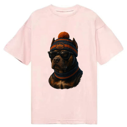 Chicago Pitbull wearing Bears beanie with skyline patch and wayfarer sunglasses - Classic T-shirt - Pink