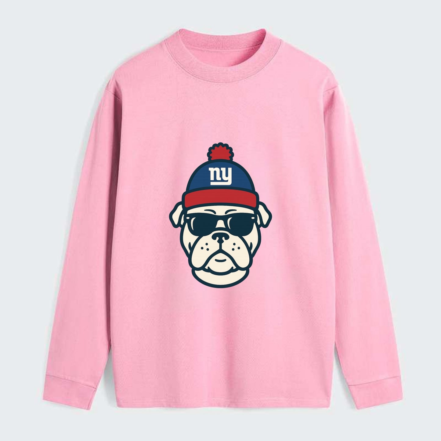 New York Bulldog wearing Giants blue and red beanie with pom pom and - Classic Long Sleeve Shirt - Pink