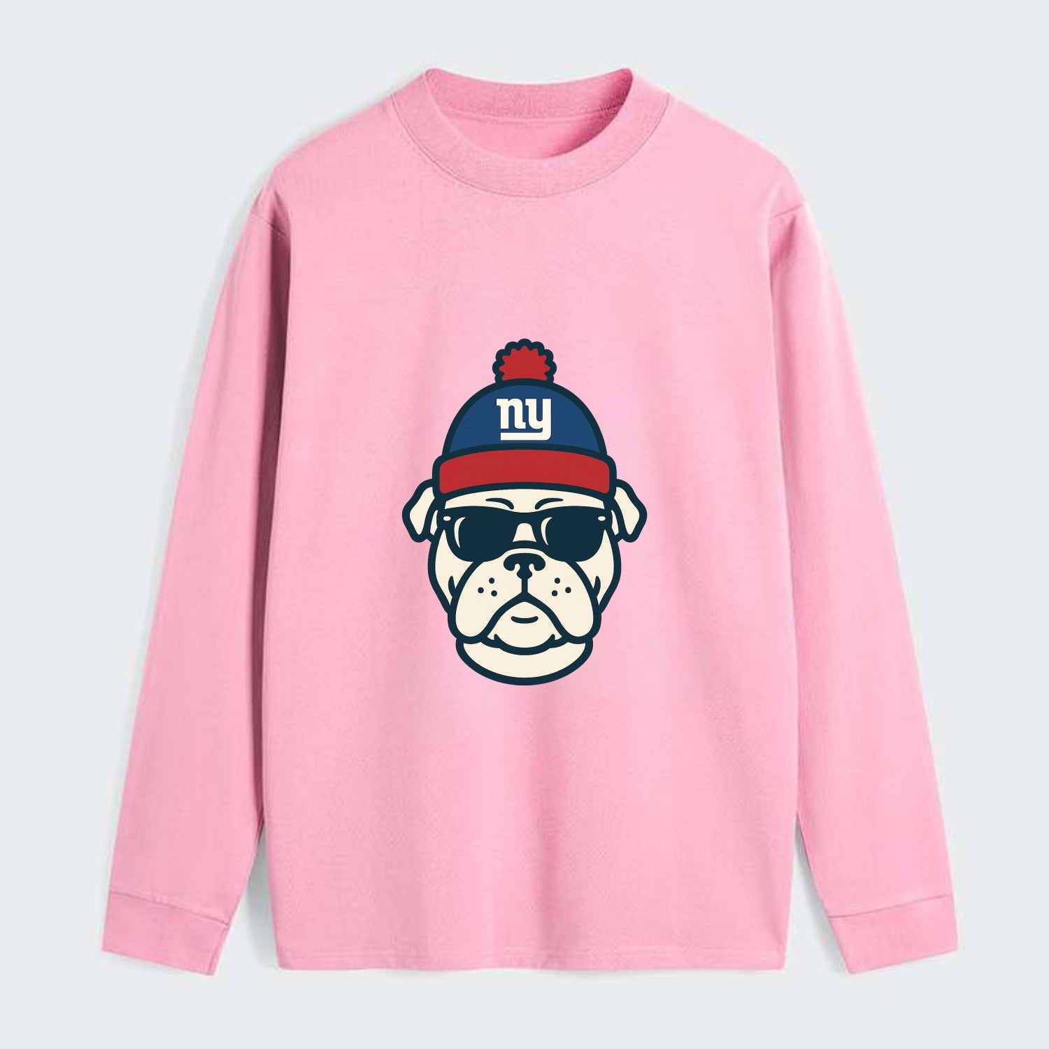 New York Bulldog wearing Giants blue and red beanie with pom pom and - Classic Long Sleeve Shirt - Pink