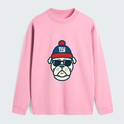 New York Bulldog wearing Giants blue and red beanie with pom pom and - Classic Long Sleeve Shirt - Pink