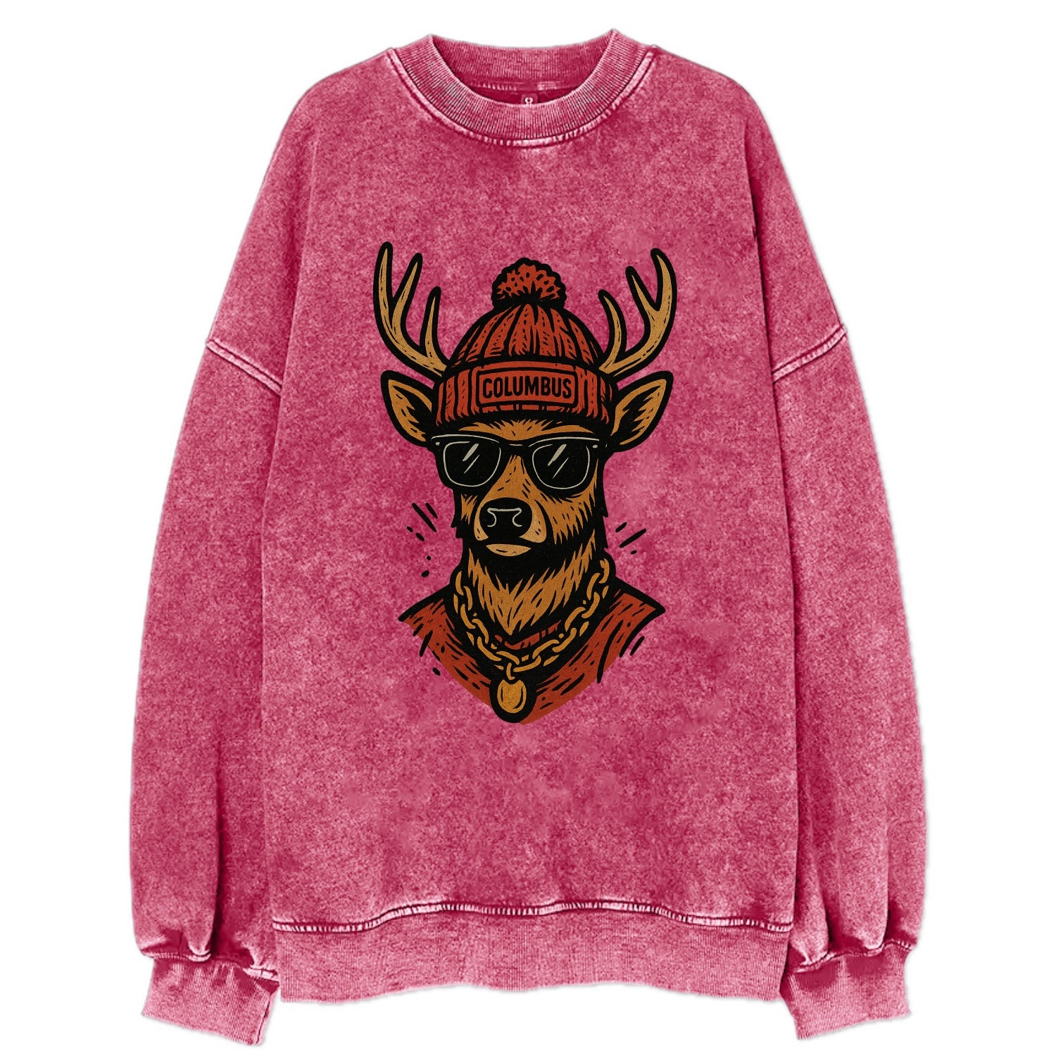 Columbus White-tailed Deer wearing Columbus beanie with pom pom and wayfarer - Vintage Sweatshirt - Pink