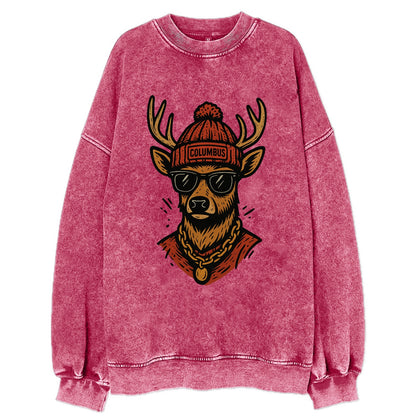 Columbus White-tailed Deer wearing Columbus beanie with pom pom and wayfarer - Vintage Sweatshirt - Pink