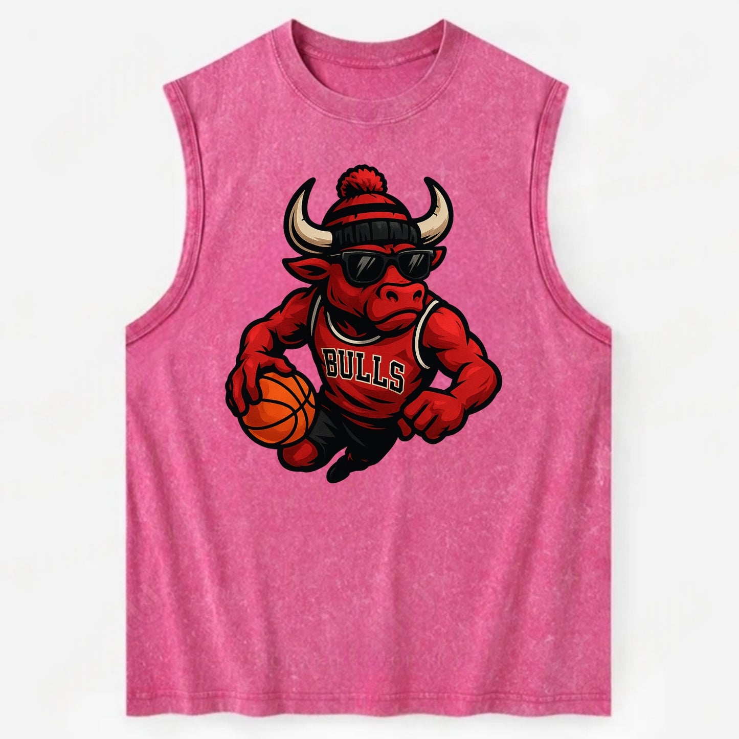 Chicago Bull wearing Bulls red and black beanie with horns design and - Vintage Washed Tank - Pink