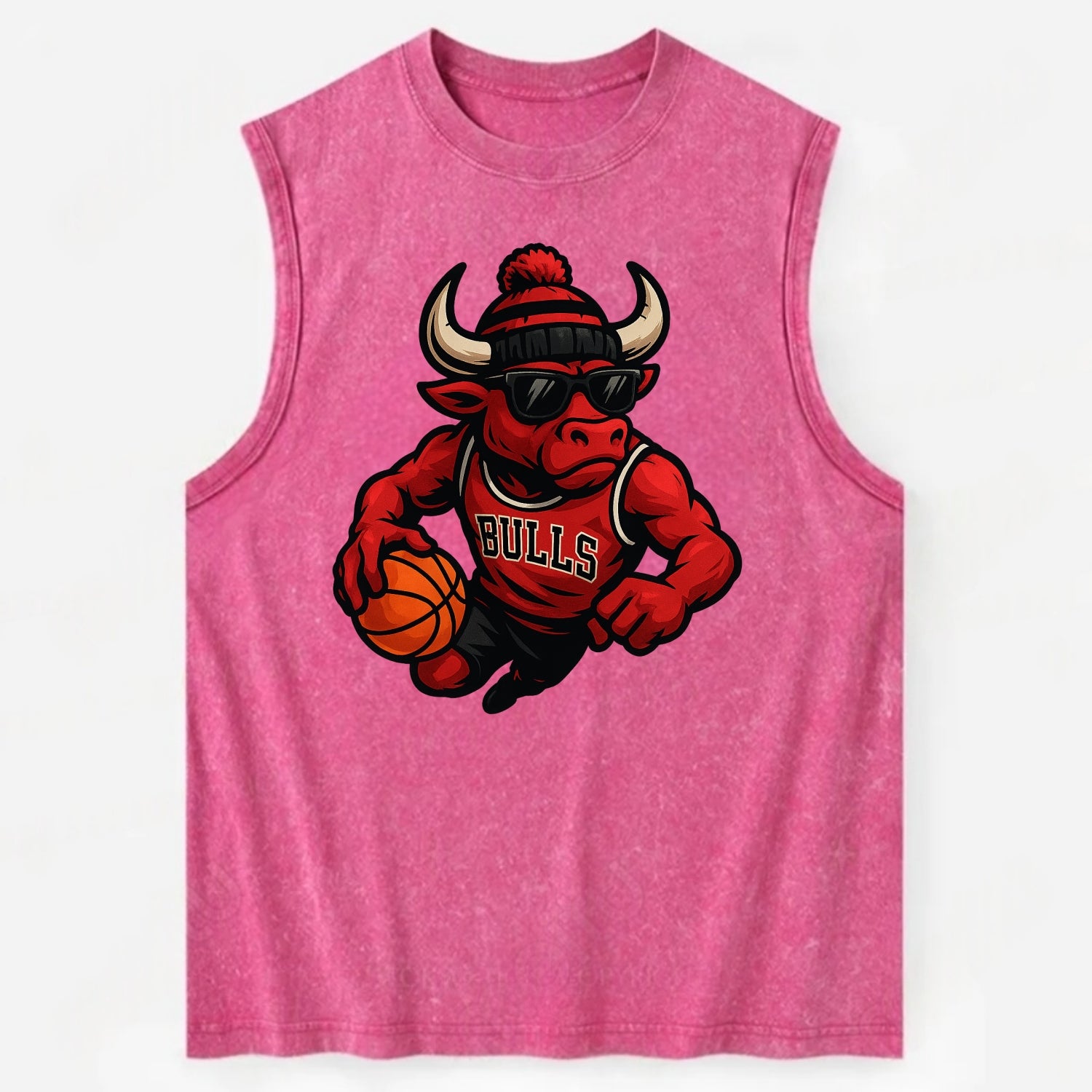 Chicago Bull wearing Bulls red and black beanie with horns design and - Vintage Washed Tank - Pink