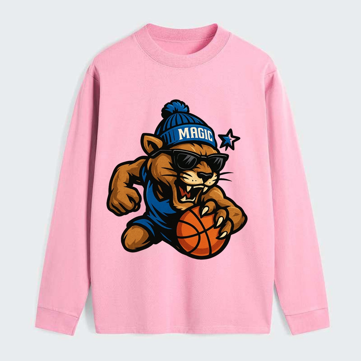 Florida Panther wearing Magic beanie with star wand patch and wayfarer - Classic Long Sleeve Shirt - Pink