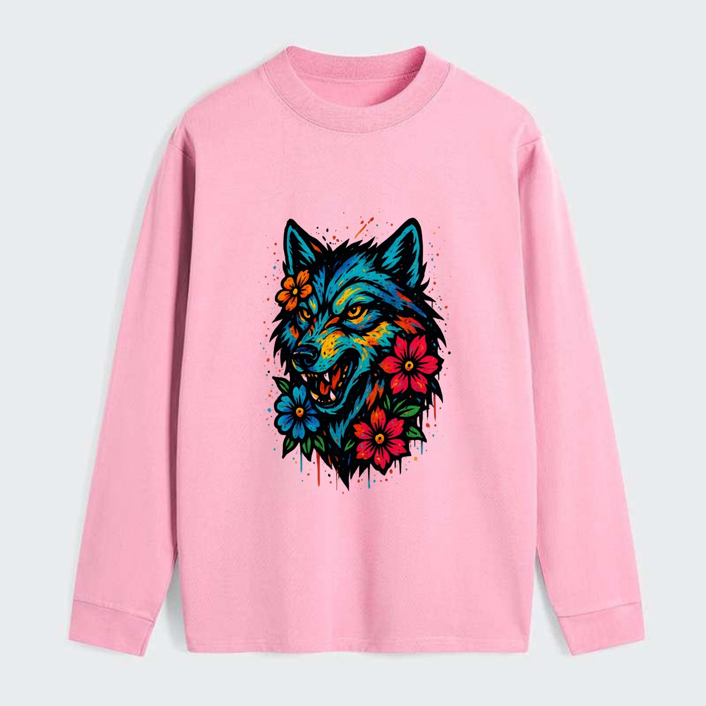 Floral Wolf Garden  - Classic Long Sleeve Shirt - Pink