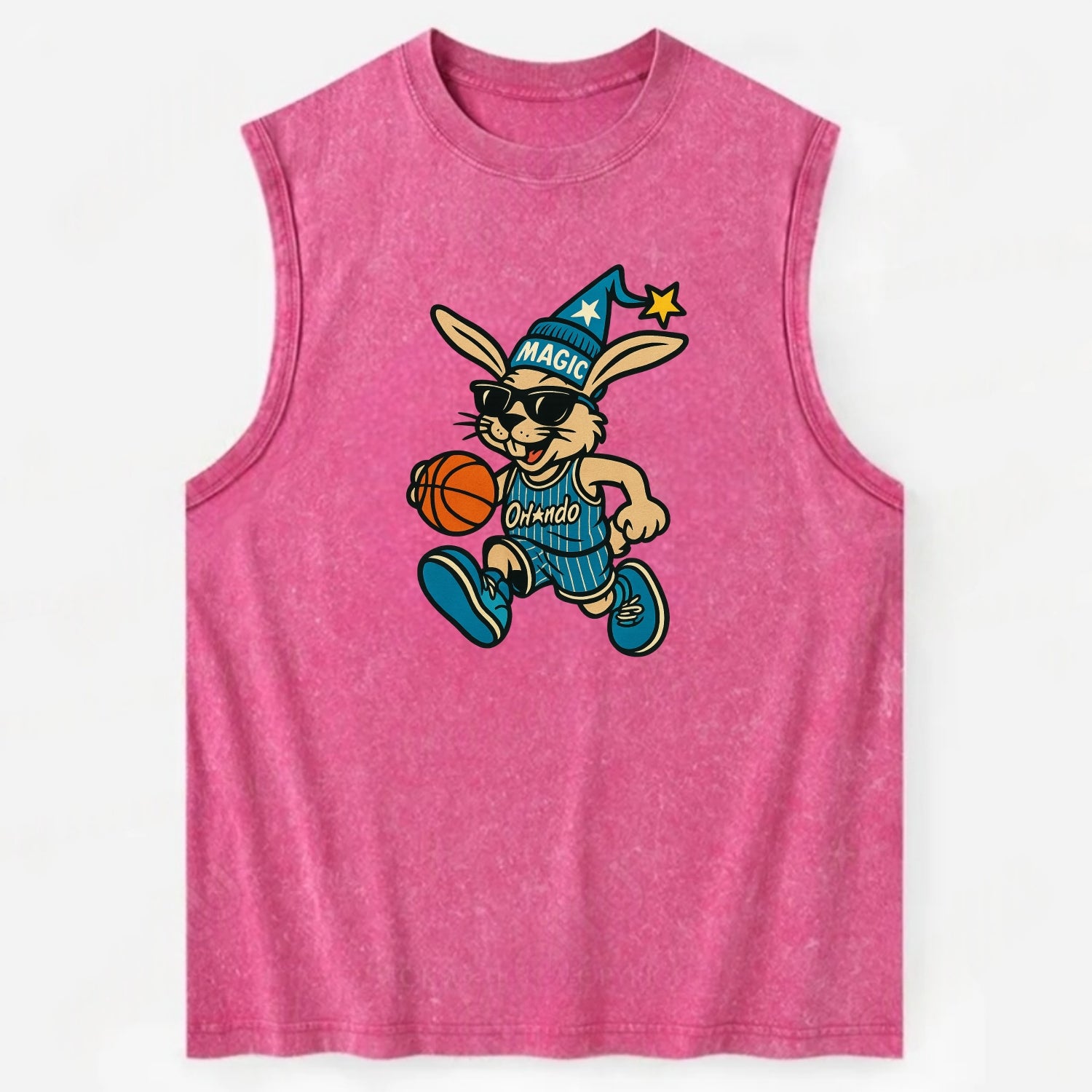 Orlando Rabbit wearing Magic blue and silver beanie with wizard hat and - Vintage Washed Tank - Pink