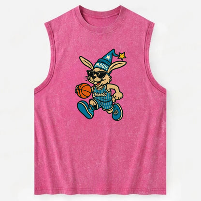 Orlando Rabbit wearing Magic blue and silver beanie with wizard hat and - Vintage Washed Tank - Pink