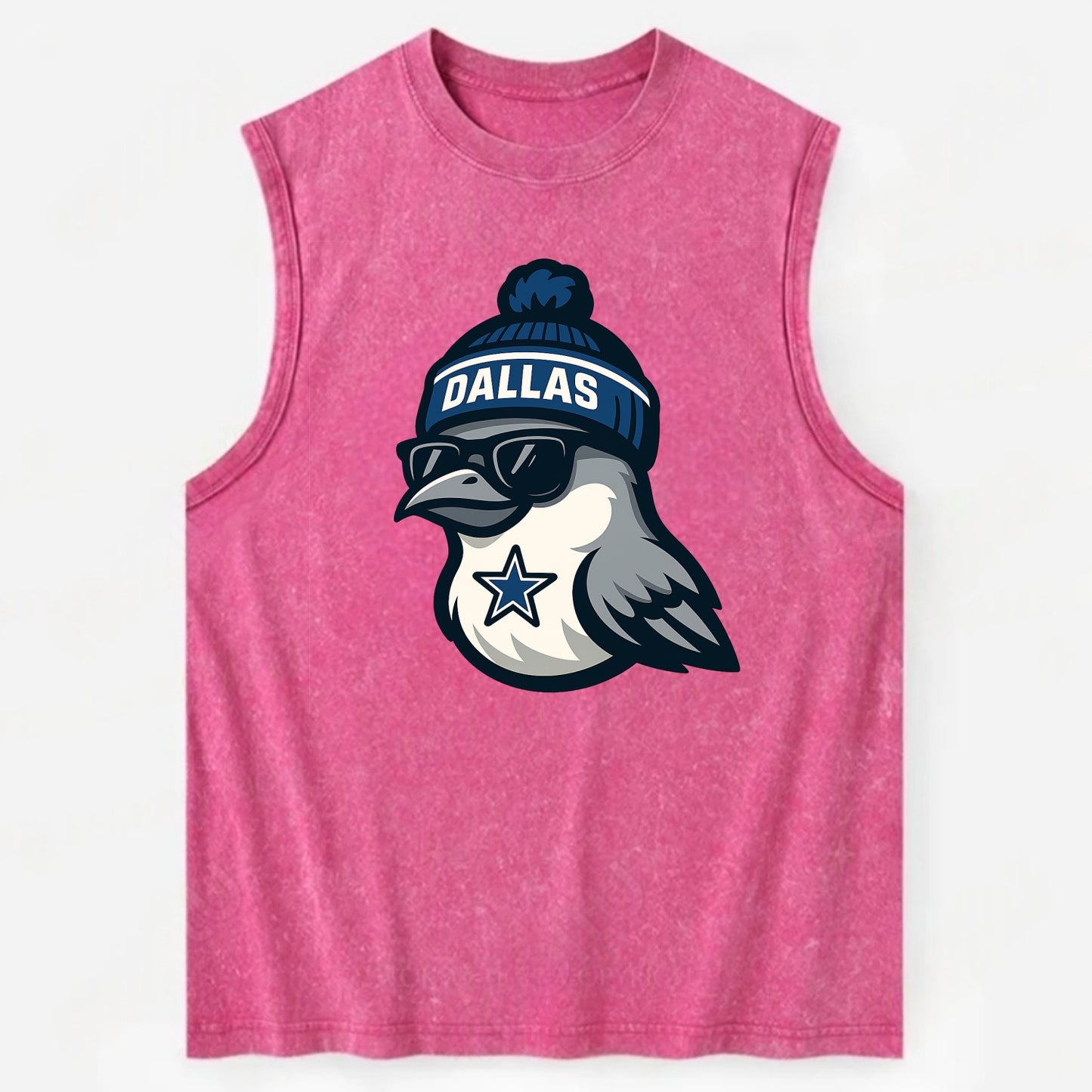 Dallas Mockingbird wearing Cowboys beanie with sheriff star and wayfarer - Vintage Washed Tank - Pink