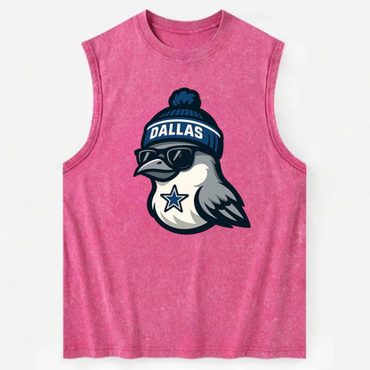 Dallas Mockingbird wearing Cowboys beanie with sheriff star and wayfarer - Vintage Washed Tank - Pink