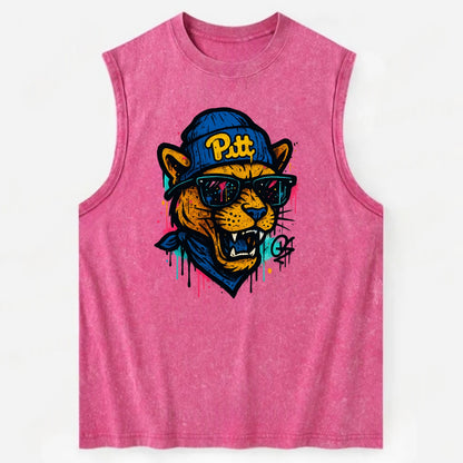 Pittsburgh Panther wearing Pitt beanie with script patch - Vintage Washed Tank - Pink