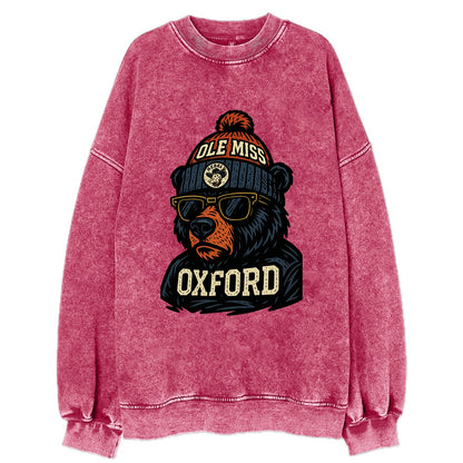 Oxford Black Bear wearing Ole Miss beanie with rebel patch - Vintage Sweatshirt - Pink