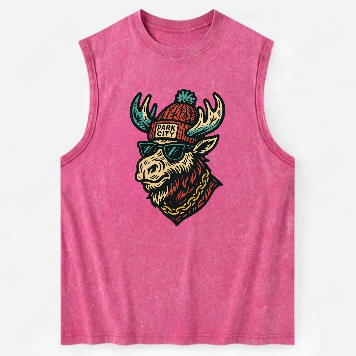 Park City Moose wearing Park City beanie with pom pom and wayfarer sunglasses - Vintage Washed Tank - Pink