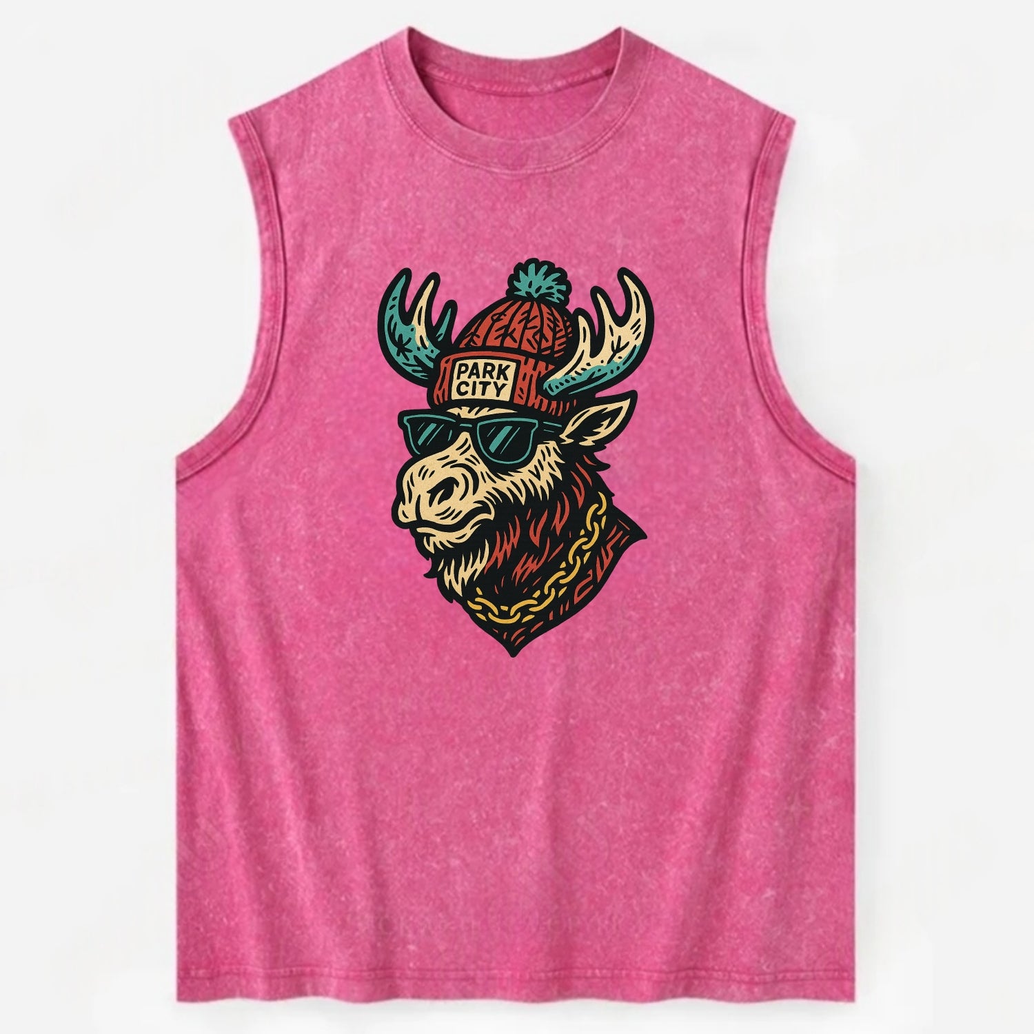Park City Moose wearing Park City beanie with pom pom and wayfarer sunglasses - Vintage Washed Tank - Pink
