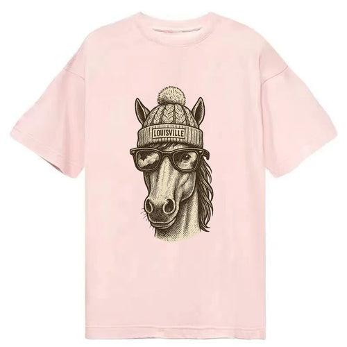Kentucky Thoroughbred Horse wearing Louisville beanie with pom pom and wayfarer - Classic T-shirt