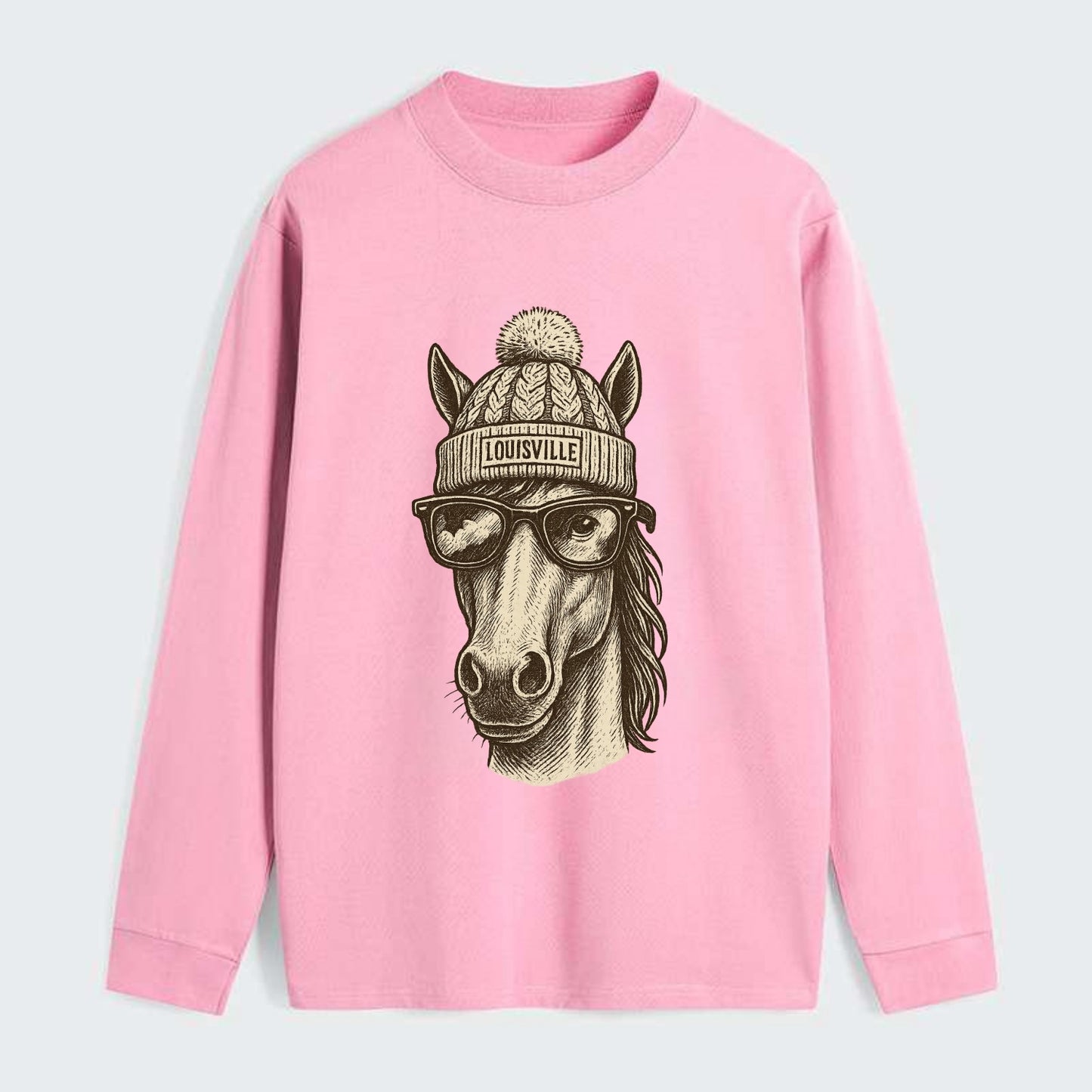 Kentucky Thoroughbred Horse wearing Louisville beanie with pom pom and - Classic Long Sleeve Shirt - Pink