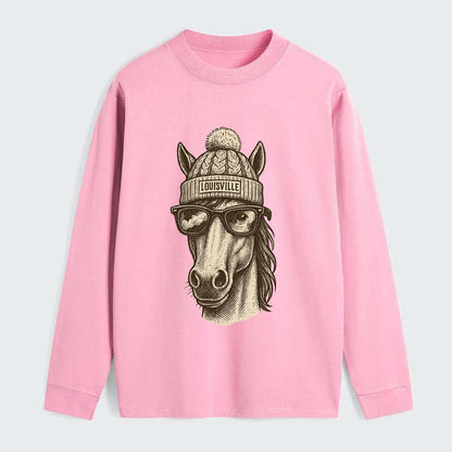 Kentucky Thoroughbred Horse wearing Louisville beanie with pom pom and - Classic Long Sleeve Shirt - Pink