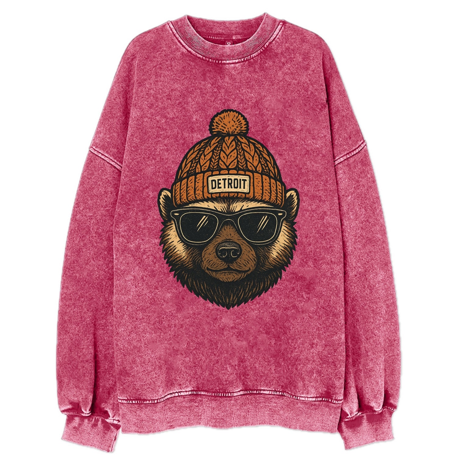 Detroit Wolverine wearing Detroit beanie with pom pom and wayfarer sunglasses - Vintage Sweatshirt - Pink