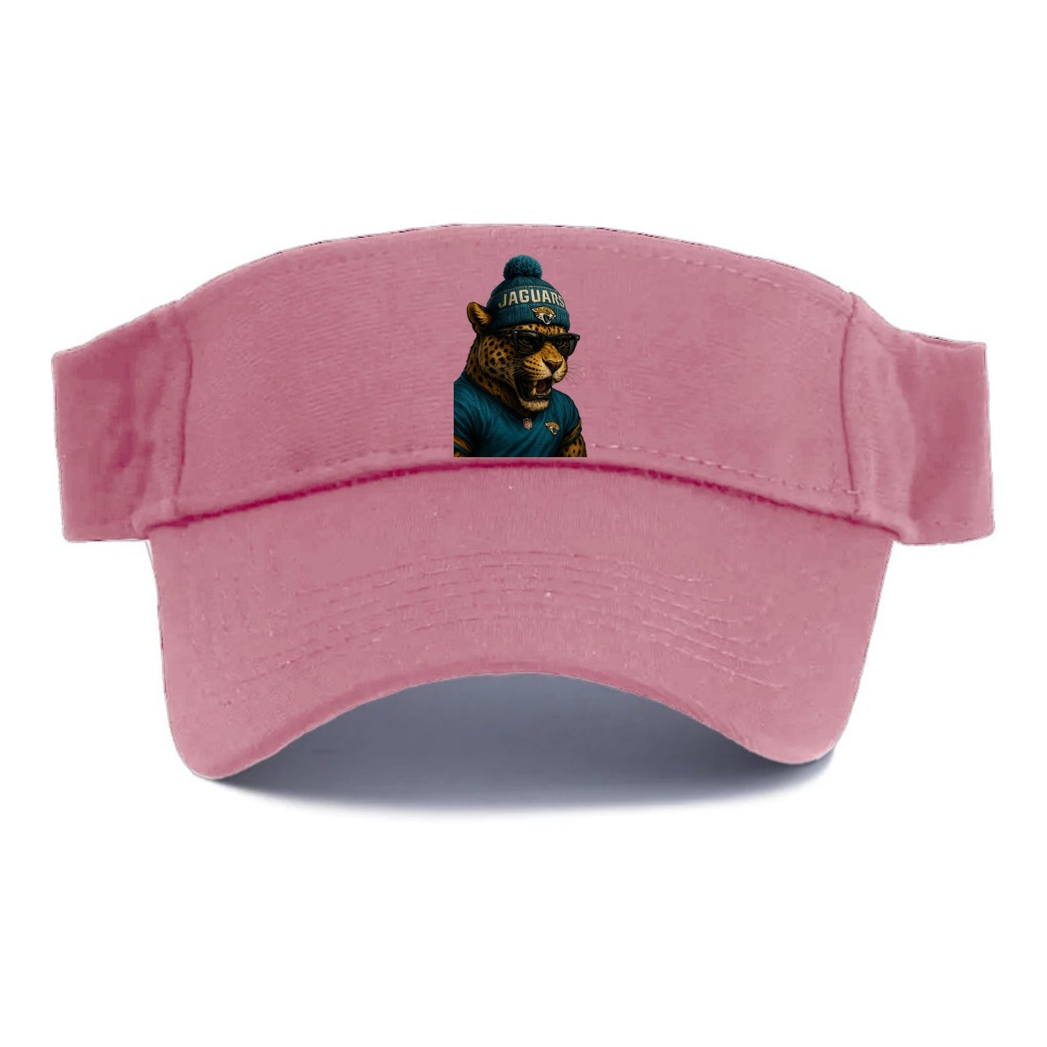 Jacksonville Jaguar wearing Jaguars teal and gold beanie with pom pom and wayfarer - Visor - Pink