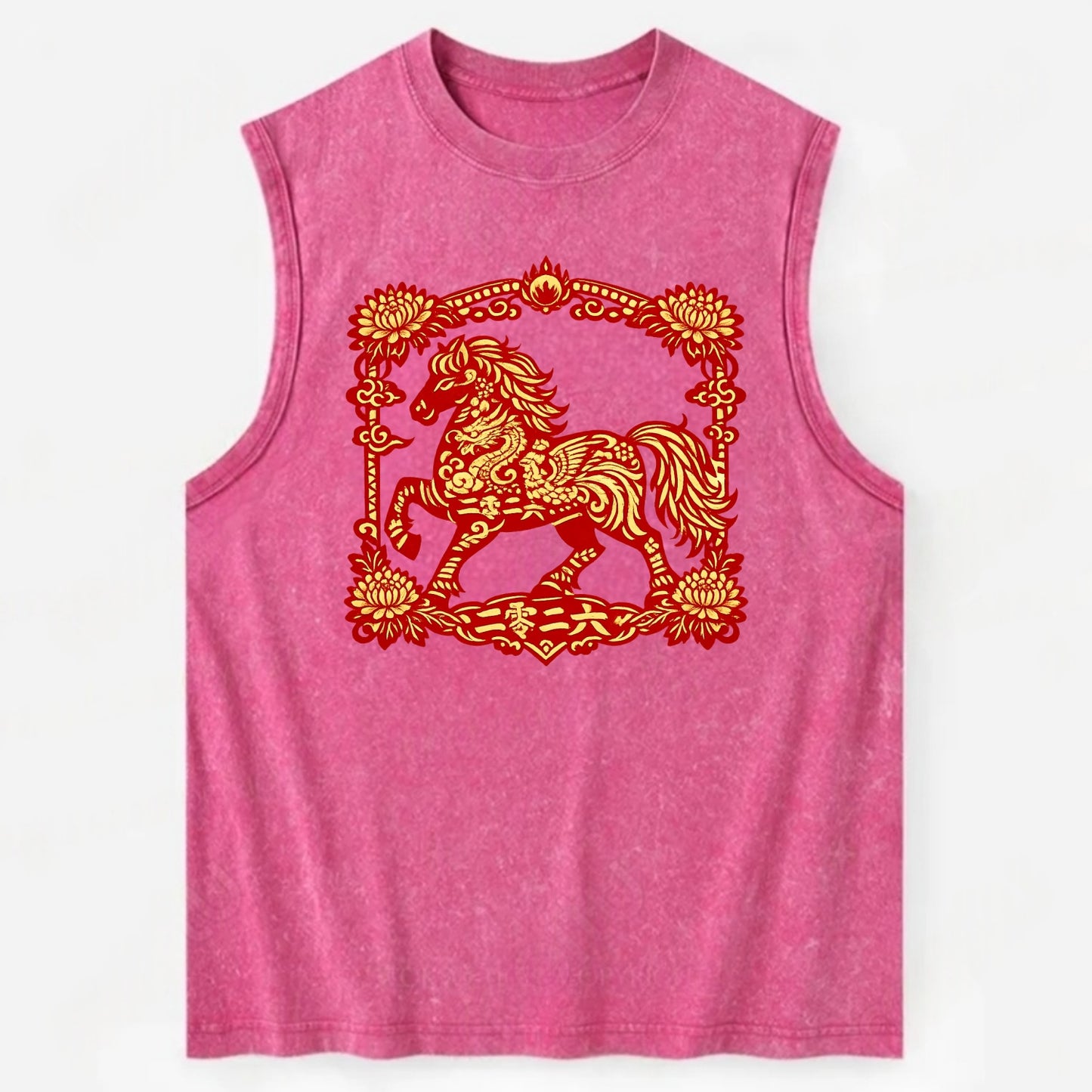 HORSE | Silk style horse design | Gold and silver thread appearance | Phoenix - Vintage Washed Tank - Pink