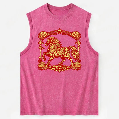 HORSE | Silk style horse design | Gold and silver thread appearance | Phoenix - Vintage Washed Tank - Pink