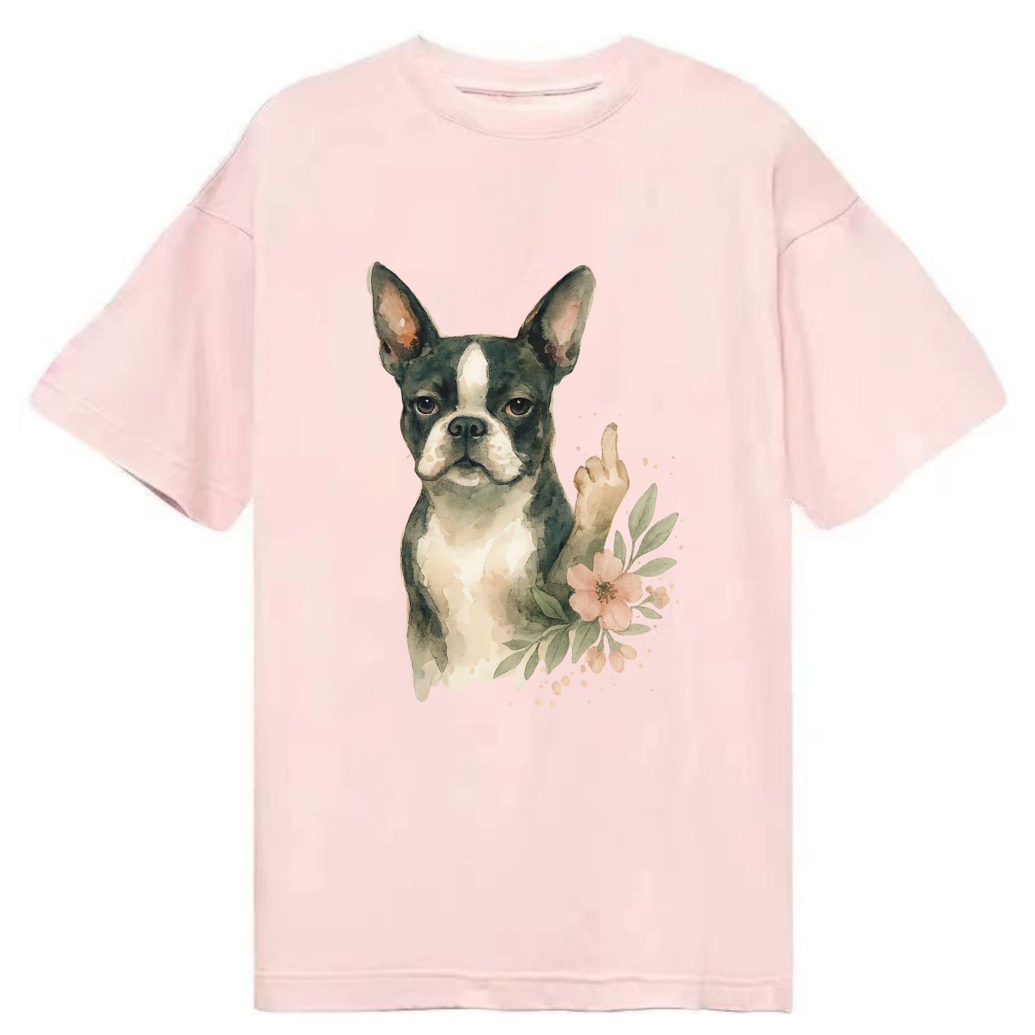 Boston Terrier with tuxedo markings, perky ears, paw up giving sass - Classic T-shirt - Pink