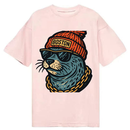 Boston Harbor Seal wearing Boston beanie with pom pom and wayfarer sunglasses - Classic T-shirt - Pink