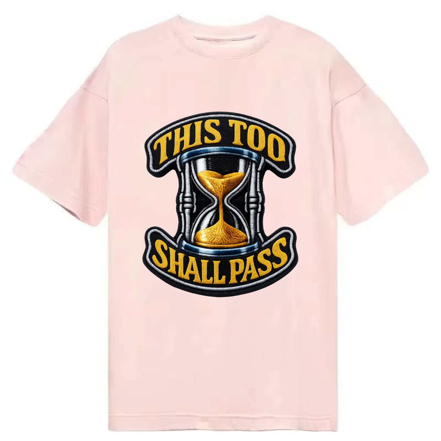THIS TOO SHALL PASS - hourglass with text in gold , perspective - Classic T-shirt - Pink