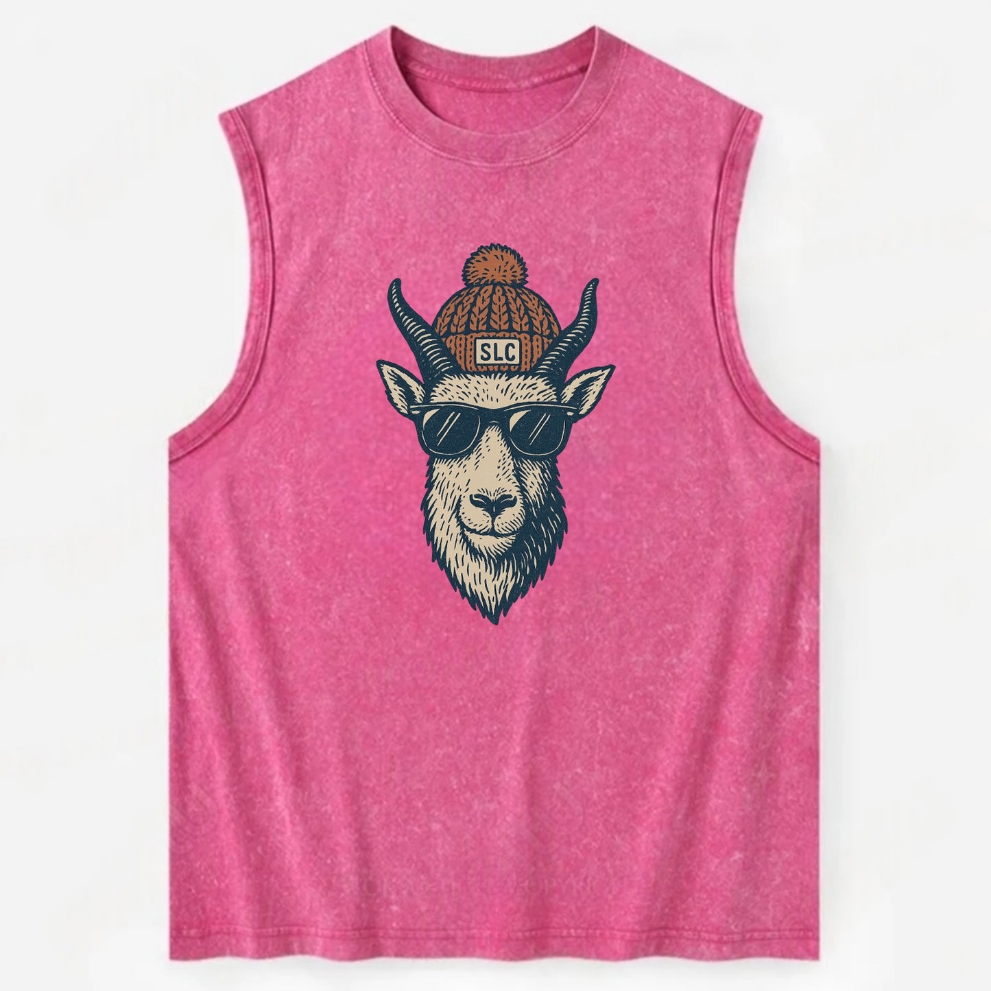 Salt Lake City Mountain Goat wearing SLC beanie with pom pom and wayfarer - Vintage Washed Tank - Pink