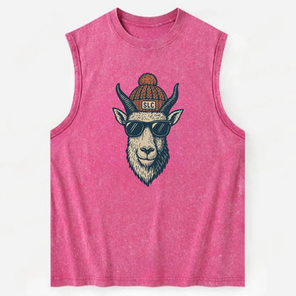 Salt Lake City Mountain Goat wearing SLC beanie with pom pom and wayfarer - Vintage Washed Tank - Pink