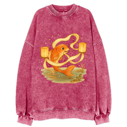 Koi weaving silk streamers through floating lanterns on tranquil water - Vintage Sweatshirt - Pink
