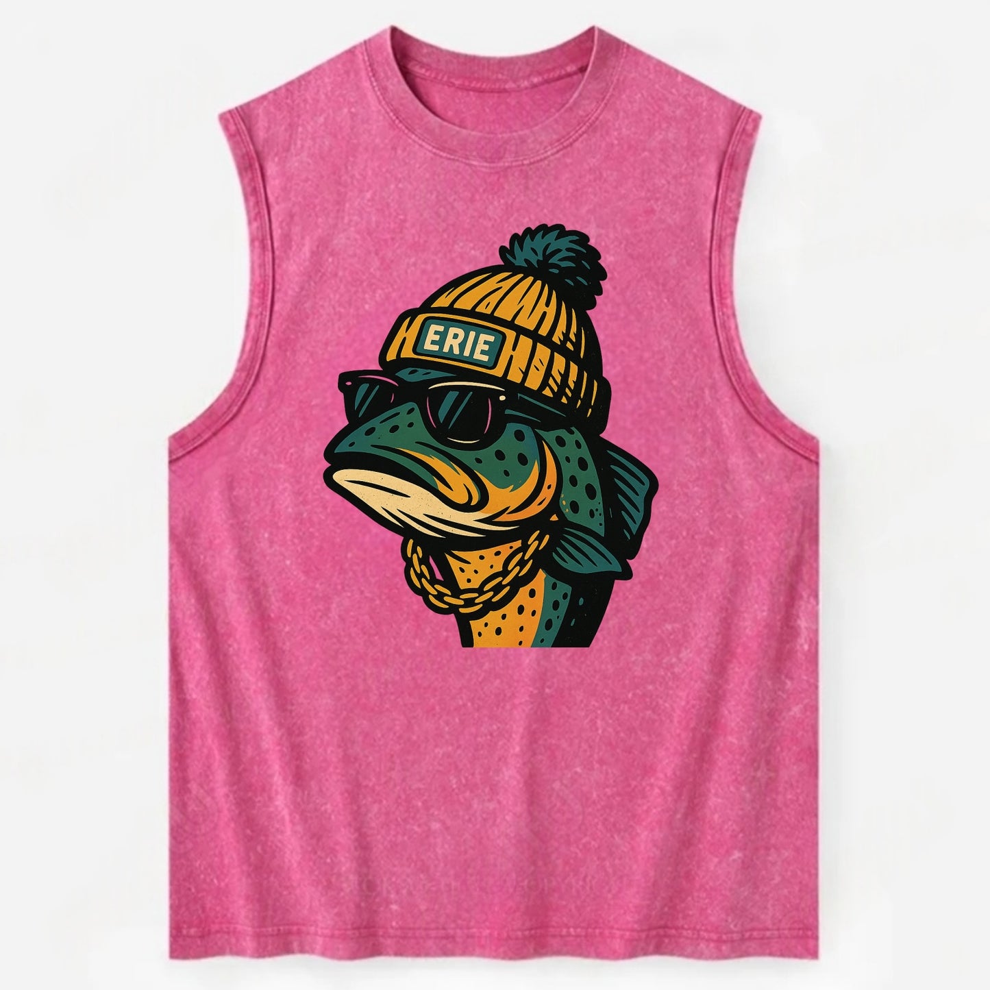 Erie Lake Trout wearing Erie beanie with pom pom and wayfarer sunglasses - Vintage Washed Tank - Pink