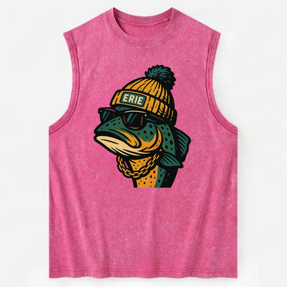 Erie Lake Trout wearing Erie beanie with pom pom and wayfarer sunglasses - Vintage Washed Tank - Pink