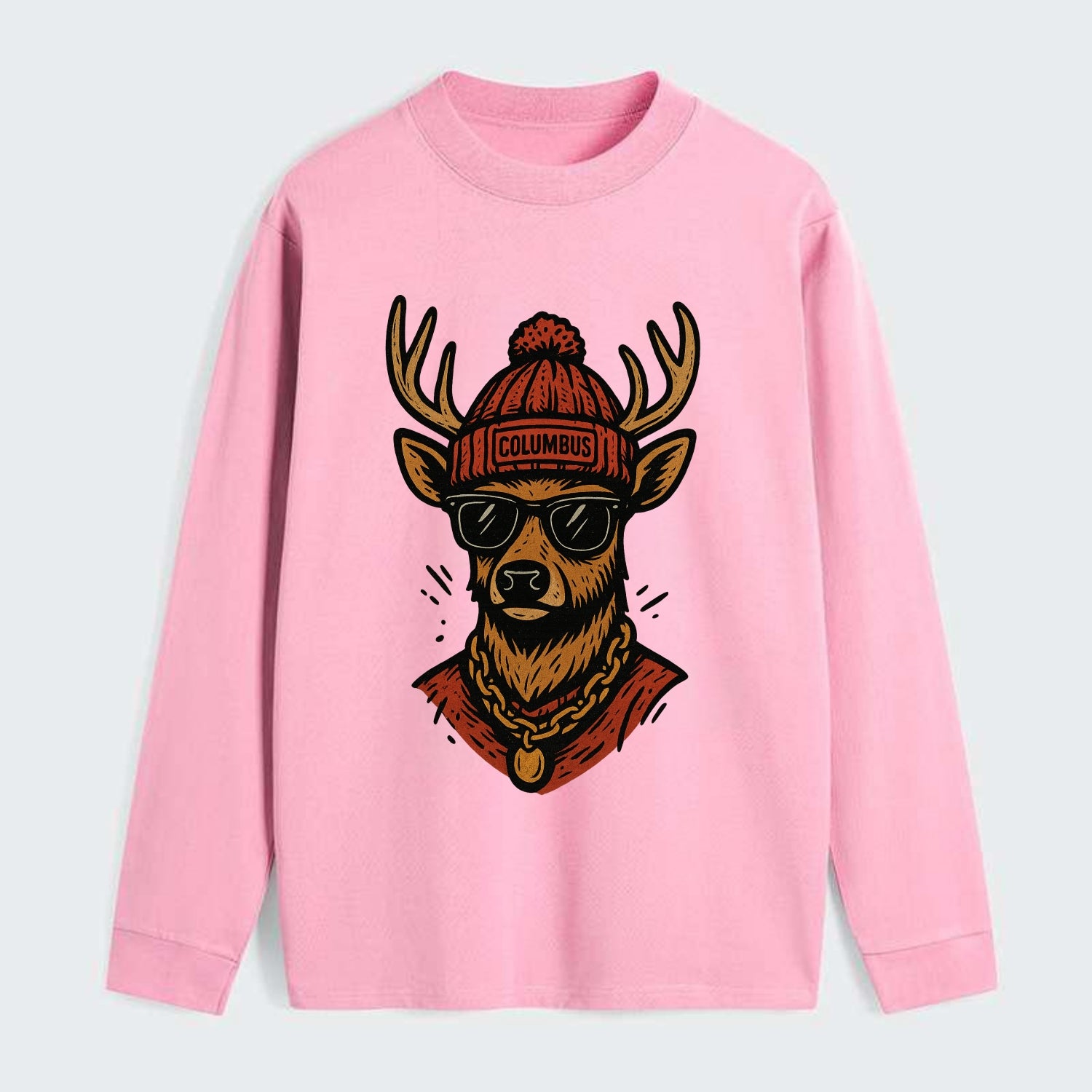 Columbus White-tailed Deer wearing Columbus beanie with pom pom and - Classic Long Sleeve Shirt - Pink