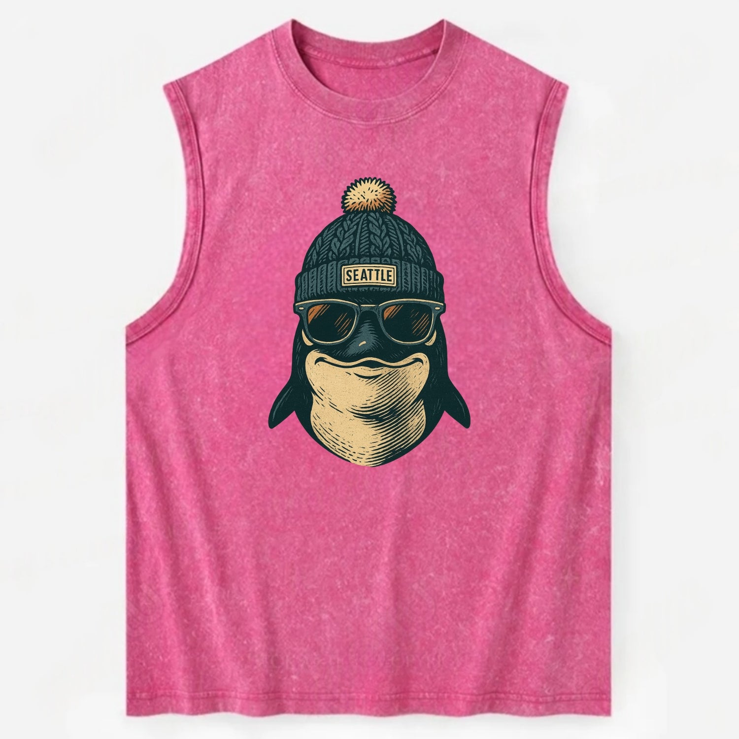Washington Orca wearing Seattle beanie with pom pom and wayfarer sunglasses - Vintage Washed Tank - Pink