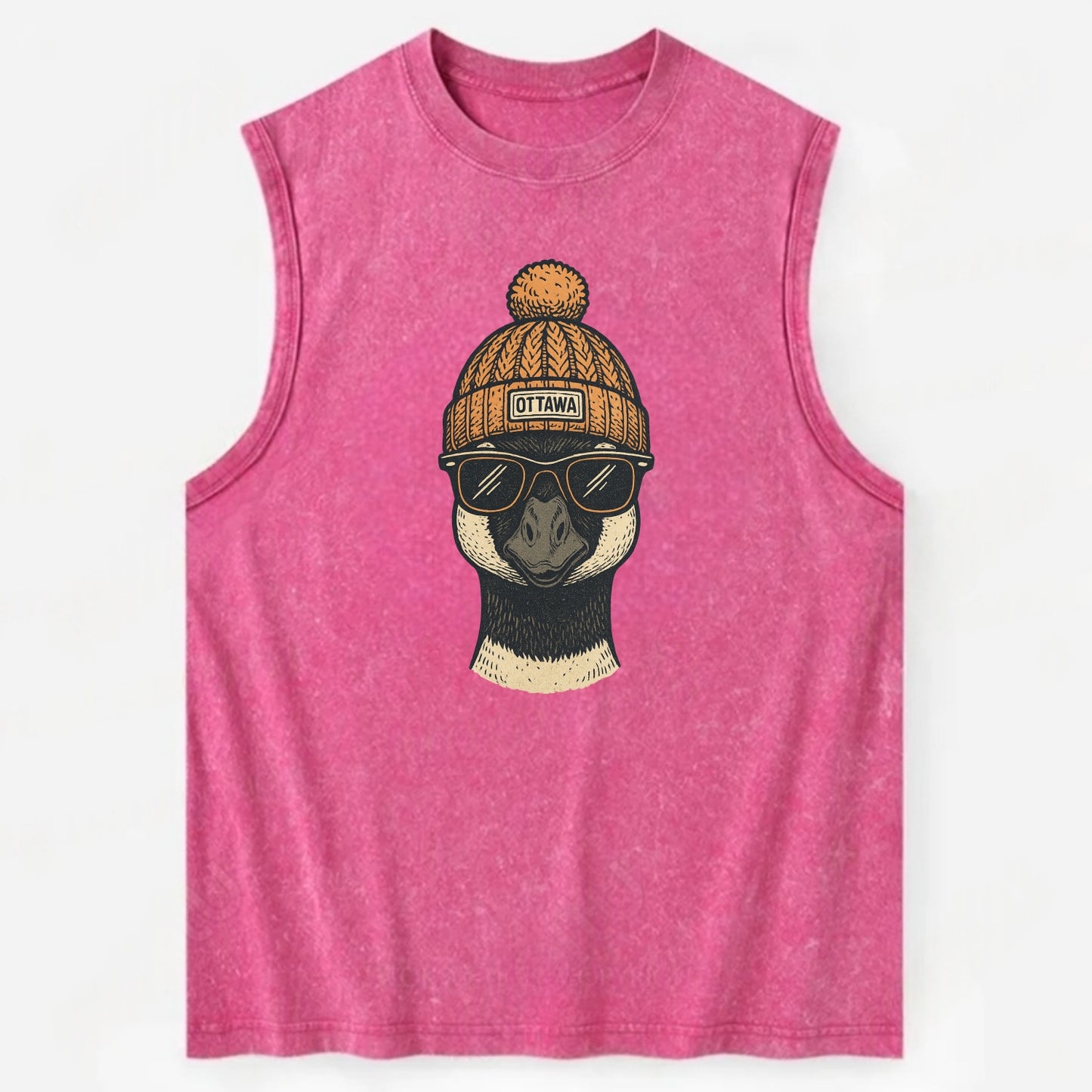 Ottawa Canadian Goose wearing Ottawa beanie with pom pom and wayfarer - Vintage Washed Tank - Pink