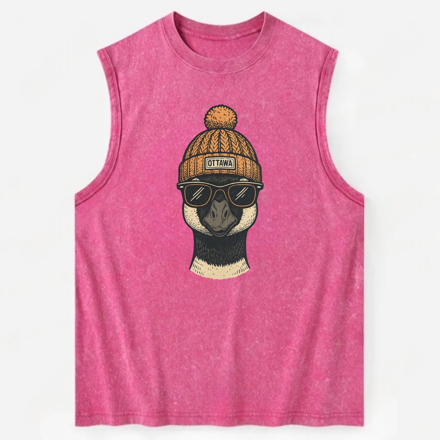 Ottawa Canadian Goose wearing Ottawa beanie with pom pom and wayfarer - Vintage Washed Tank - Pink